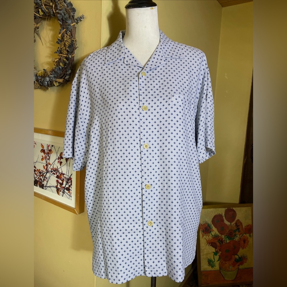 NAT NAST Size Large 100% Silk Camp Shirt MCM vibes  White / Blue Print SOPRANOS